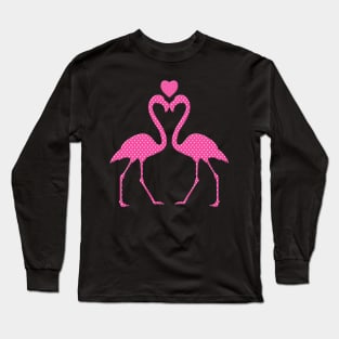 Pink Polka Dot Flamingo With A Heart Long Sleeve T-Shirt